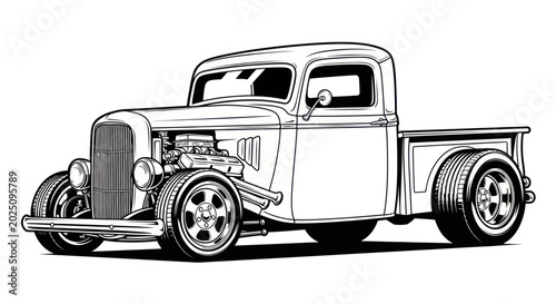 Billede på lærred Vintage Hot Rod Truck Illustration - Classic Custom Pickup with Exposed Engine