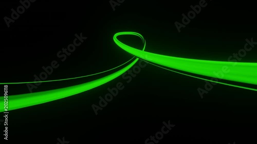 Green neon glowing curved lines loop knot animation on dark background