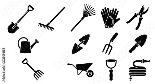 Fényképezés Collection of Garden Tools and Equipment Icons.