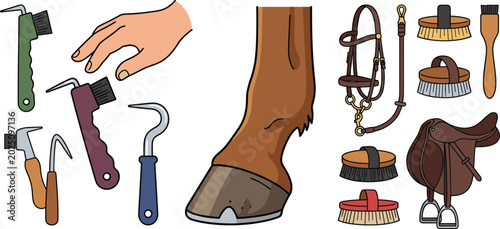Tableau sur toile Horse Grooming and Equestrian Equipment Set Featuring Horse Hoof Care, Brushes,