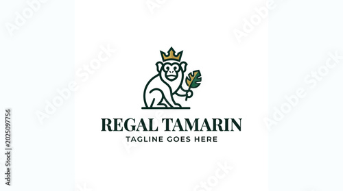 Photography Cartoon style regal tamarin wearing a crown and holding a leaf as the central lo