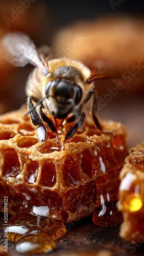 Golden Nectar: A close-up shot captures a bee perched atop a glistening honeycomb, dripping with golden honey, embodying the sweet essence of nature's bounty.