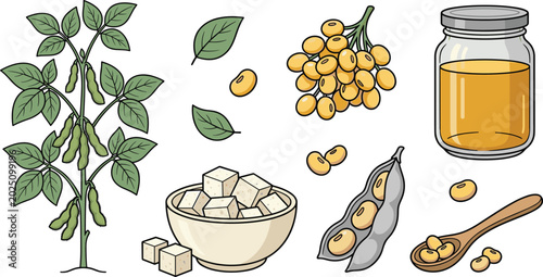 Foto Soybean Plant and Soy Products Collection Featuring Tofu Cubes, Soy Milk Jar, So