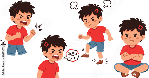 Tableau sur toile Angry Boy Character Set Showing Various Expressions of Temper Tantrum, Frustrati