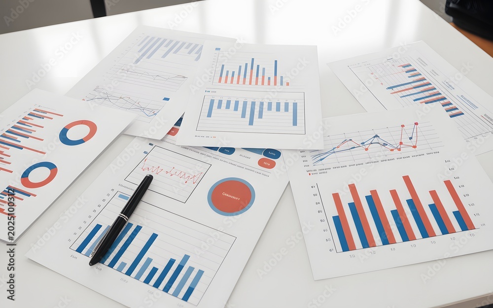 Obraz premium Collection of colorful bar graphs and charts on a white table with a black pen