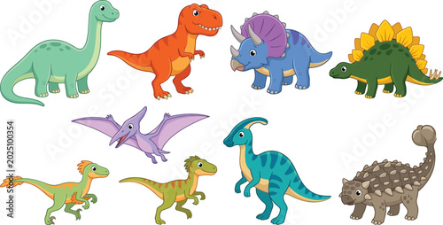 Fotografie Cute Cartoon Dinosaur Character Set Featuring Tyrannosaurus Rex, Triceratops, Br