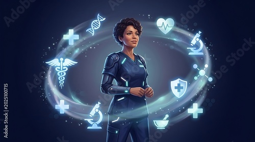 Female Healthcare Professional in Futuristic Medical Suit Surrounded by Digital Health Icons