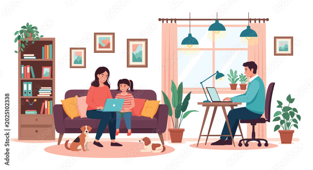 Fototapeta premium Modern home office with parents working on laptops while their daughter sits on a sofa with two family dogs nearby.