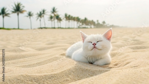 A white cat relaxes on a sandy beach with palm trees
