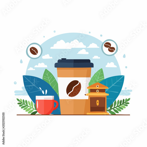 A delightful illustration of a coffee cup, coffee grinder, and coffee beans, set against a backdrop of lush leaves and a cloudy sky, perfect for cafe or beverage-related themes