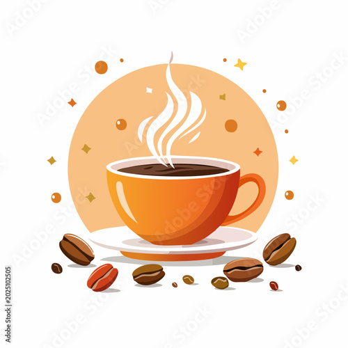 Steaming hot cup of coffee in an orange mug with coffee beans scattered around a warm circular background
