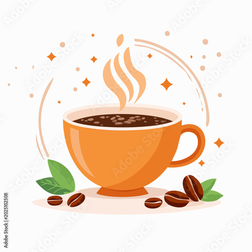 Flat vector illustration of a steaming hot coffee cup in an orange mug, surrounded by roasted coffee beans and green leaves, evoking a cozy morning beverage