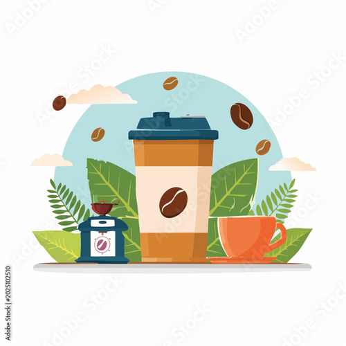 Enjoy a refreshing hot beverage with a coffee grinder and cup, set against a backdrop of lush greenery and coffee beans