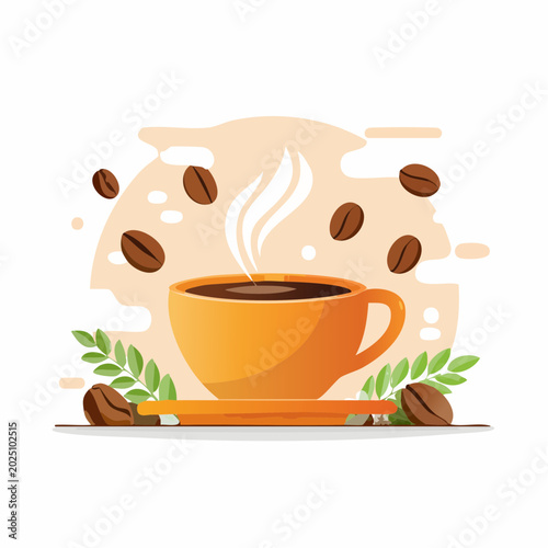 Vibrant Flat Illustration of a Steaming Hot Coffee Cup Surrounded by Aromatic Coffee Beans and a Cinnamon Stick, Perfect for Morning Beverage Designs and Cafe Menus