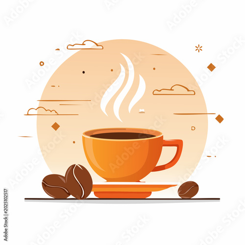 A steaming cup of hot coffee with two coffee beans and a round, abstract sun in the background, perfect for cafe, restaurant, and beverage-related content