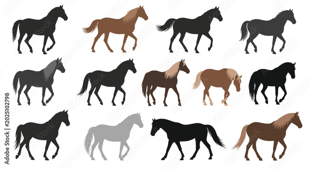 Fototapeta premium Grid of various horse illustrations and silhouettes showing the animals in different walking and running gaits.