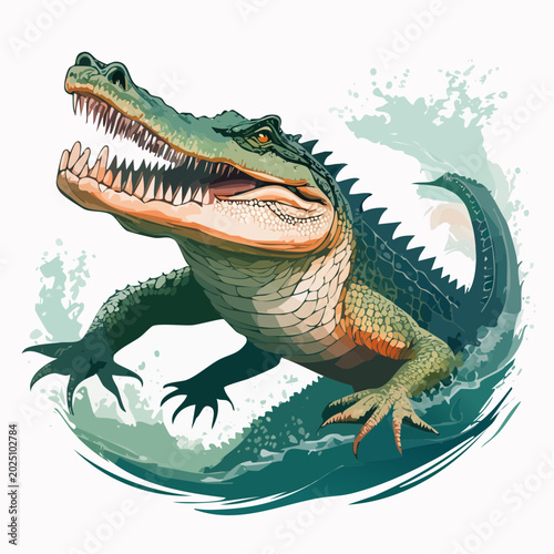 Fierce alligator with open mouth and sharp teeth emerging from green water with splashing waves