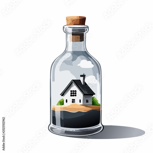 Miniature house and landscape contained within a clear glass bottle with a cork stopper, symbolizing home and sanctuary
