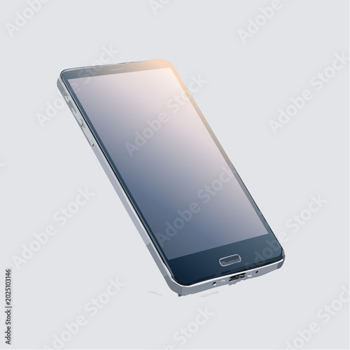 Modern sleek smartphone with a blank screen and metallic silver frame isolated on a light gray background