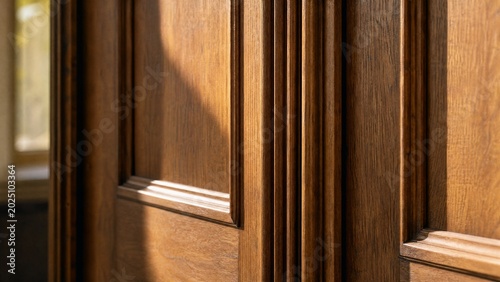 astragal. Close-up of a classical wooden door with a slender vertical astragal dividing panels. real-estate listings.