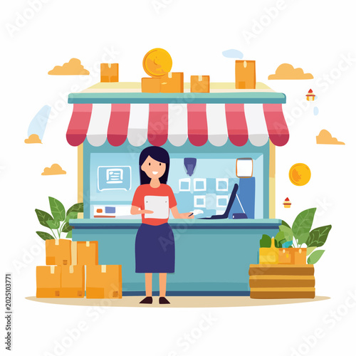 Friendly shopkeeper standing in front of a small retail store with packages and awning