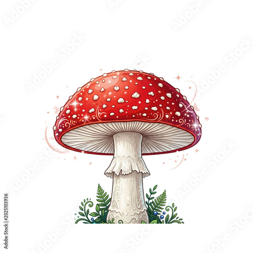 Whimsical fly agaric mushroom illustration a magical red toadstool with sparkling details ideal for fantasy and nature-themed projects