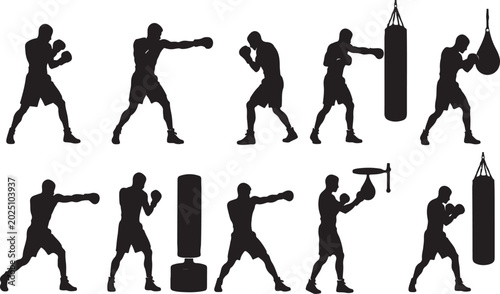 Set of black silhouettes of boxers training and punching with heavy bags for sports and fitness exercise