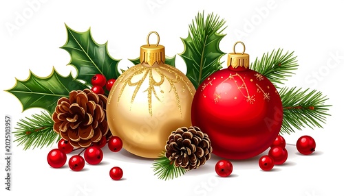 Festive Red and Gold Christmas Ornaments Arranged with Pinecones and Holly on White Background