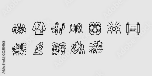 Quadro em tela Icon set collection of biblical line illustrations showcasing sandals ancient scrolls disciples praying walking together spiritual journeys and early church community