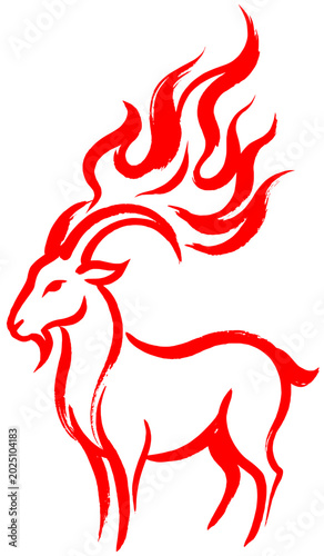Fotografie Red Line Art Fire Goat Stand with Flame Crest Horn in Minimal Tribal Style for C
