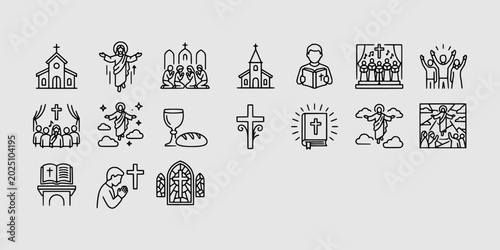 Fotografie Icon set collection of church worship line icons including ascension of Christ congregation singing holy communion prayer books and stained glass windows