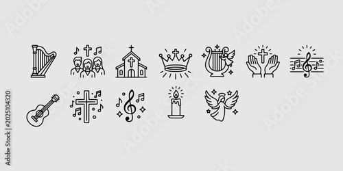 Foto Icon set collection of sacred music elements highlighting harp choir church guitar treble clef angels musical notes and worship line graphics