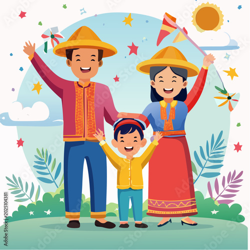 Happy Filipino family wearing traditional clothing and conical hats celebrating a festival outdoors under a sunny sky