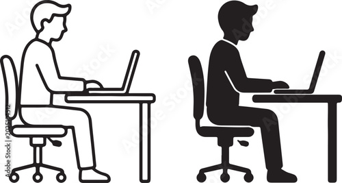 A man sitting at a desk and working on a laptop computer icon set in simple black outline and solid silhouette styles for business and office projects