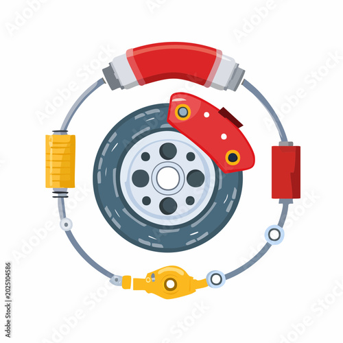 Automotive brake system components arranged in a circular diagram illustrating car maintenance and repair concepts