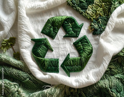 Green Embroidered Recycling Symbol on White Textile with Woven Fabric Background
