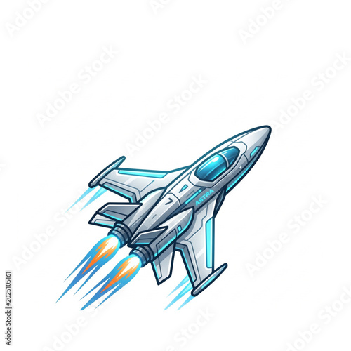 Futuristic jet aircraft taking off with glowing blue accents and fiery exhaust a dynamic cartoon-style vector illustration for game design or technolo