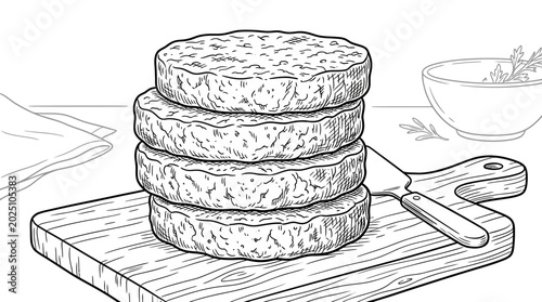 Bild auf Leinwand Stack of Raw Burger Patties on Cutting Board, Sketch Style Illustration