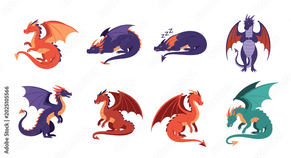 Obraz premium Collection of various colorful dragon character illustrations showing different poses and actions for fantasy story design.