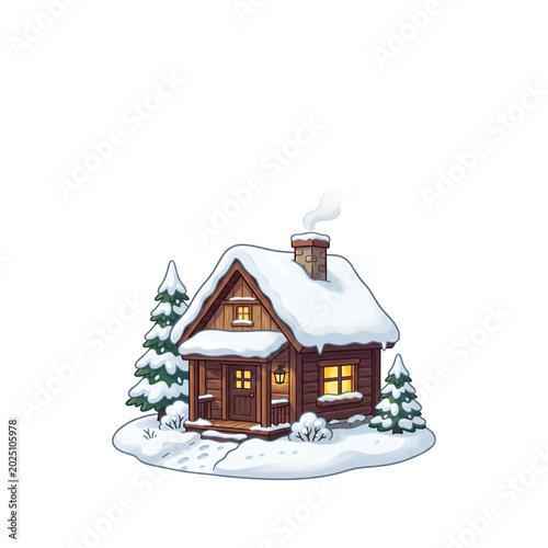 Charming snow-covered wooden cabin illustration a cozy winter house with warm lights and pine trees perfect for holiday designs