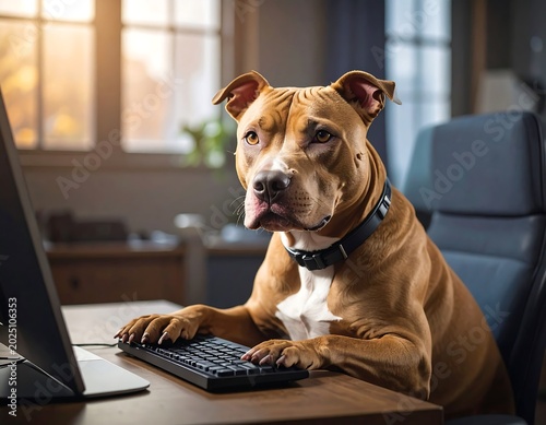 Focused Brown Dog Typing on Keyboard at Office Desk