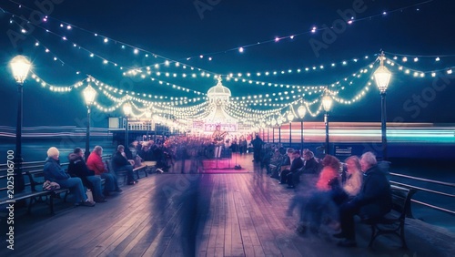 Nighttime pier scene with blurred motion