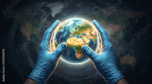 Hands Wearing Blue Gloves Holding a Globe with Earth Map in Dark Background