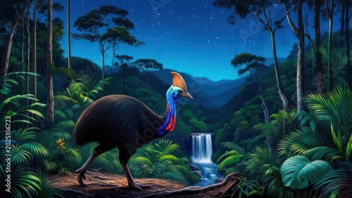 Nighttime cassowary in a lush rainforest