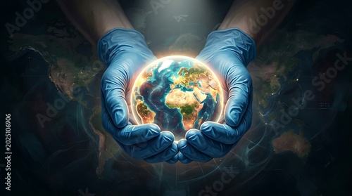 Hands Holding Globe Earth in Blue Gloves with Global Network Background