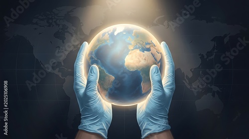 Global Earth in Hands with Medical Gloves in Dark Background