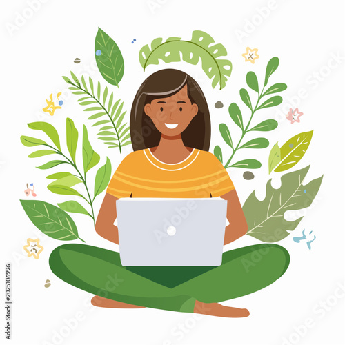 Smiling woman working on a laptop computer surrounded by lush green tropical leaves and small flowers