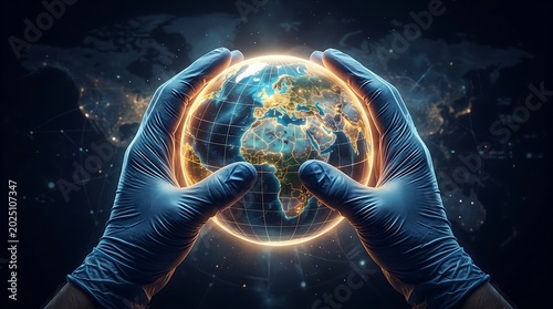 Gloved Hands Holding Illuminated Digital Globe in Dark Technological Background
