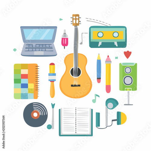 Collection of musical instruments and creative tools including a guitar, laptop, and audio equipment for music