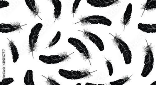 Seamless background pattern featuring black feathers of various sizes and shapes scattered on a white textured backdrop.